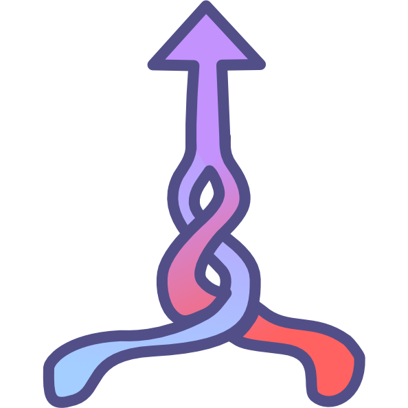 Two strands, one grading from blue to purple the other red to purple come together and intertwine before merging into a purple arrow pointing up. The image has dark line art.